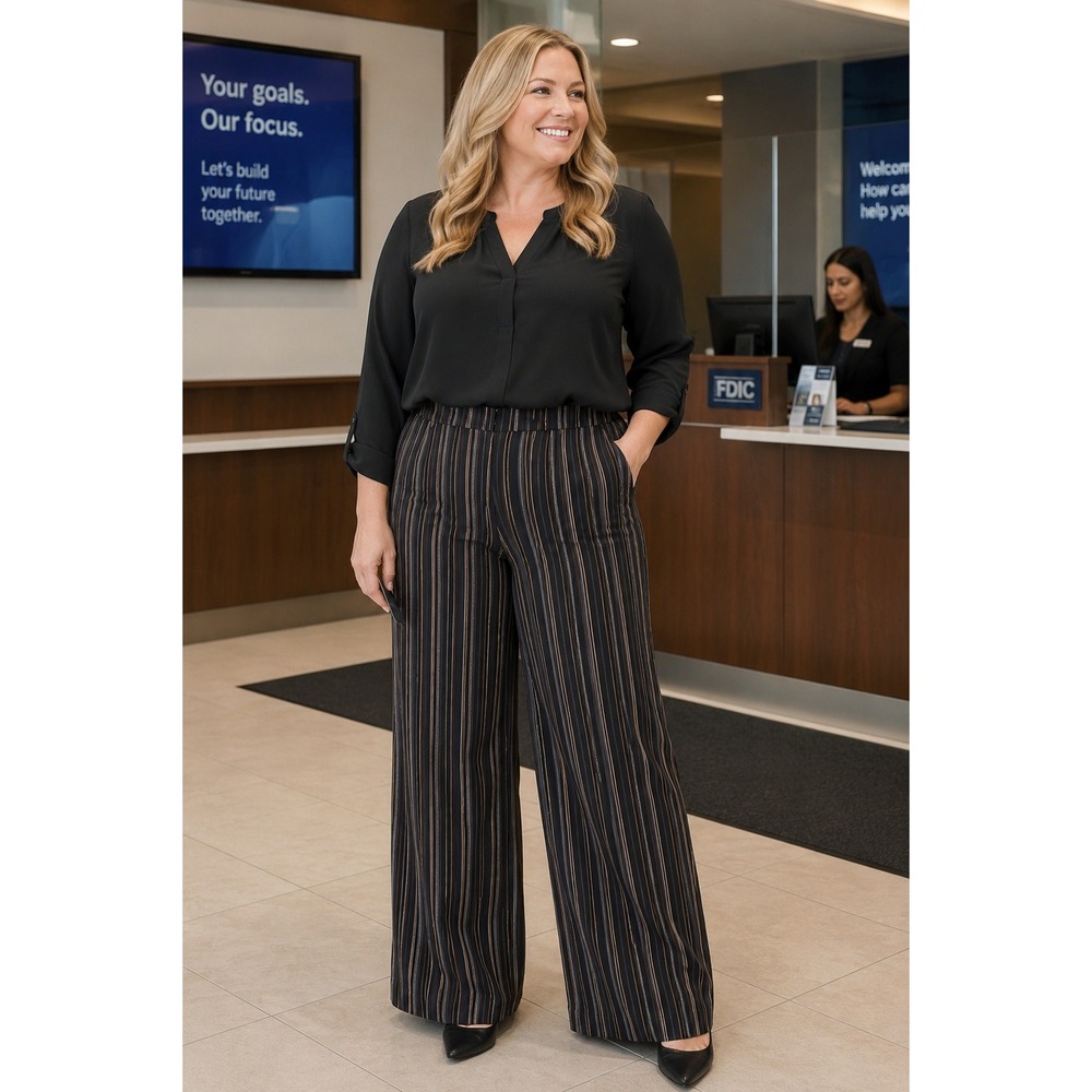 Crossing Pointe Striped Wide Leg Trousers Womens 14 MS Black Brown Silver Pants